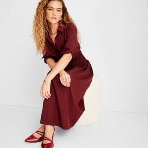 Future Collective Long Sleeve Smocked Midi Shirtdress Burgundy Red Large Nwot